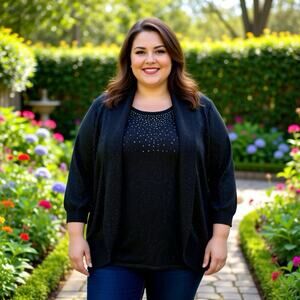 Laura Scott Y2K Cardigan Blouse Black Knit Metallic Rhinestones Holidays Goth 3X